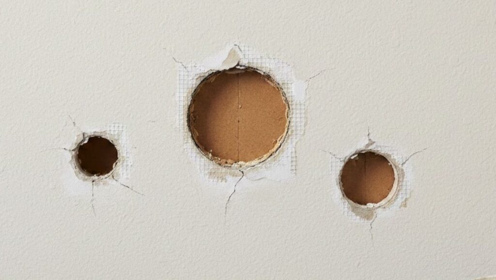 Three circular drywall holes of different sizes on a white wall, with visible cracks and exposed inner material around the damaged areas.