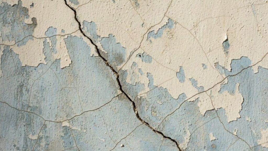 Cracked painted wall surface showing peeling paint and a visible diagonal fracture, illustrating what causes cracks in walls due to aging materials and structural movement.