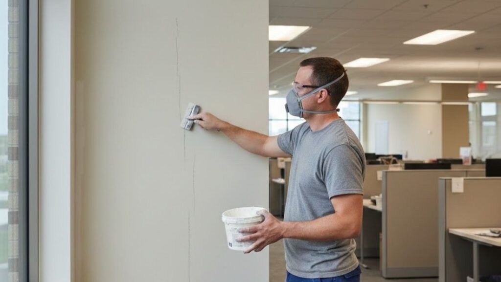 Worker repairing a vertical wall crack by applying joint compound to an interior office wall, demonstrating professional wall crack repair and surface restoration.