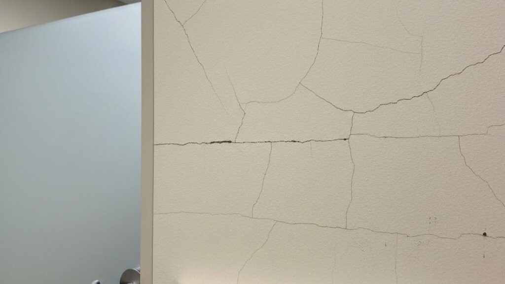 Interior wall with multiple visible hairline and horizontal cracks, showing common examples of cracks in walls caused by normal settling or structural movement