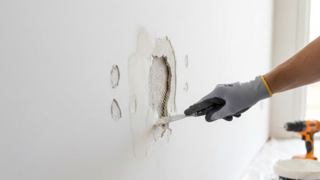 Repairing drywall holes using a putty knife and joint compound, with mesh patch applied to a damaged white wall surface.