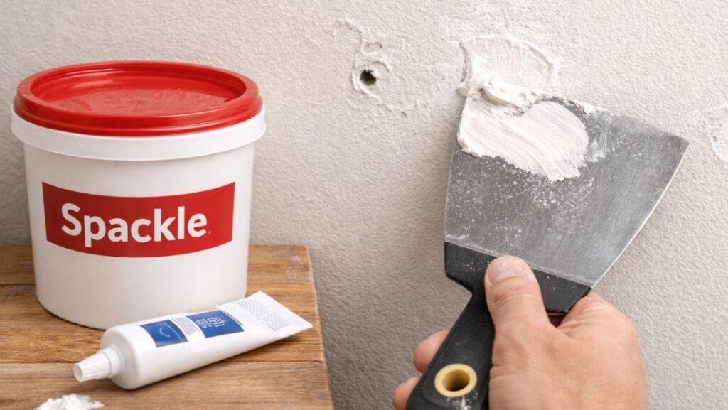 Wall repair material spackle being applied with a putty knife to fill a small hole in a drywall surface for a smooth finish
