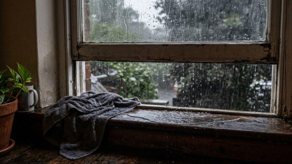 water dripping through an old wooden window frame during heavy rain, with moisture pooling on the sill