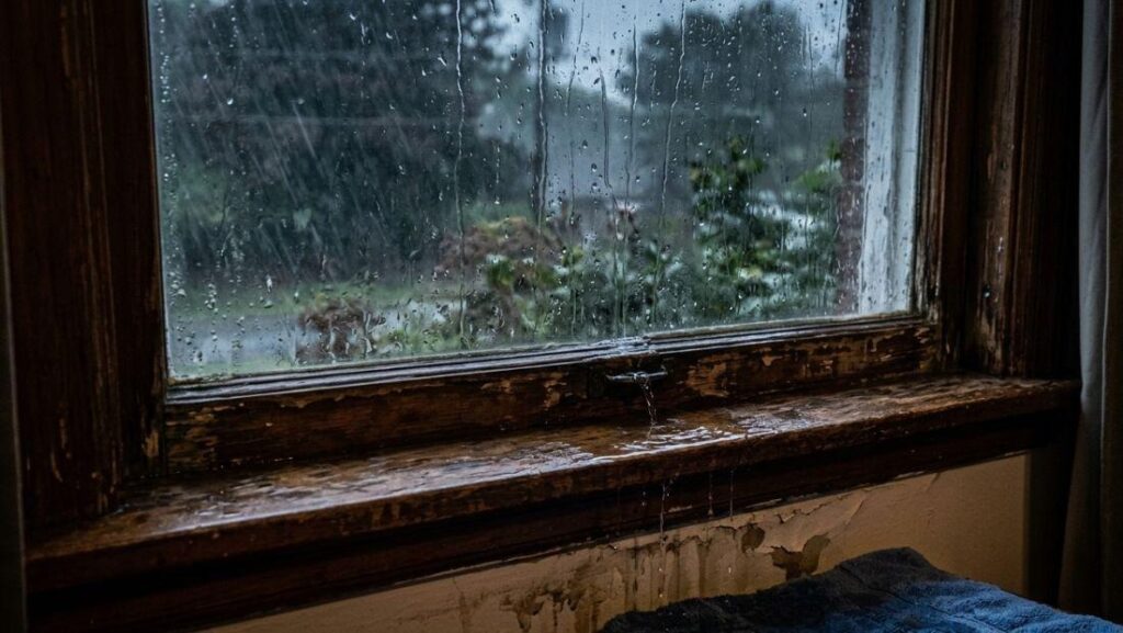 rainwater seeping through a damaged wooden window frame, dripping onto the interior sill and wall.