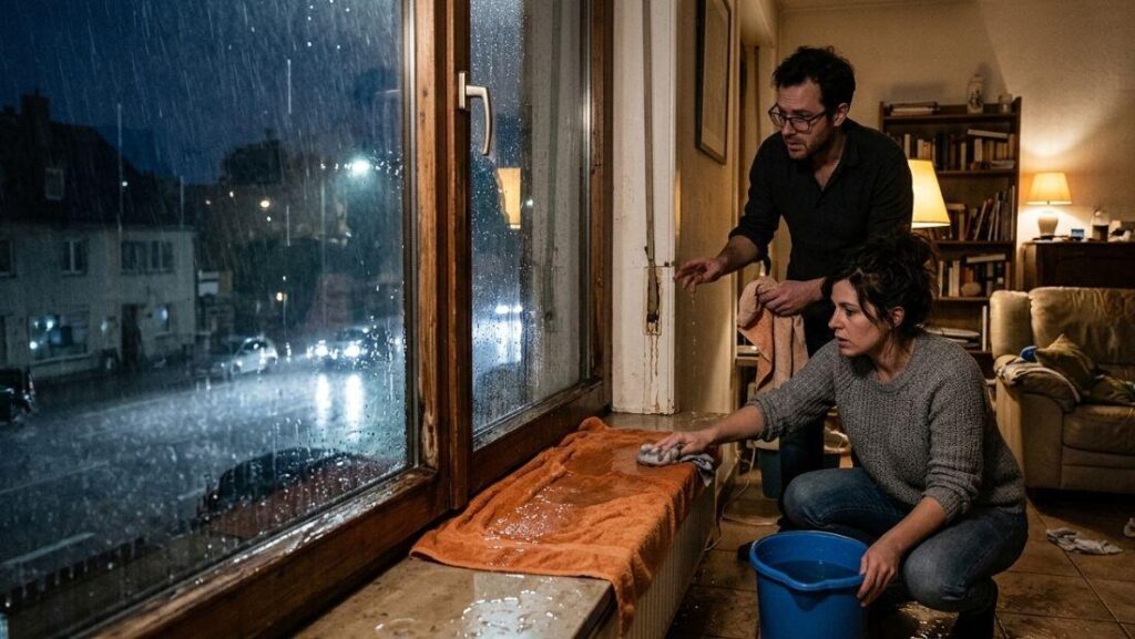 why do windows leak when it rains – homeowners cleaning water from a leaking window during heavy rain inside a living room