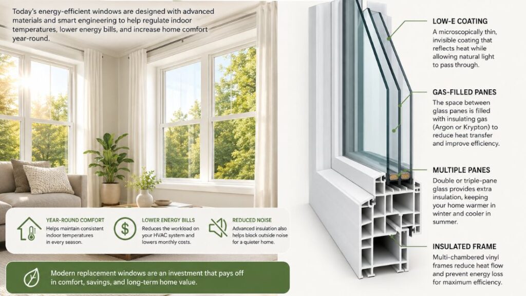 Energy-efficient replacement windows with a cutaway diagram showing Low-E coating, gas-filled panes, and insulated vinyl frames designed to improve home comfort and reduce energy costs.