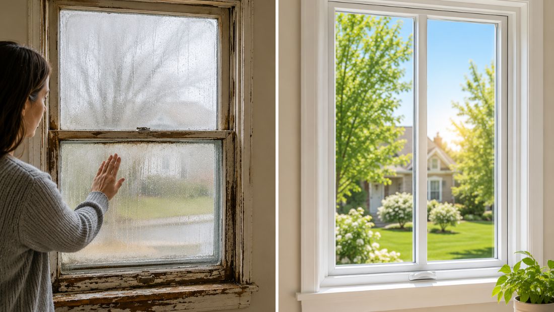 Damaged residential windows showing condensation, rotting window frames, cracked seals, warped vinyl, and visible moisture damage indicating signs it’s time for window replacement.