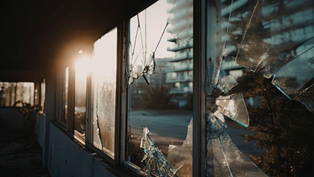 Can cracked window glass be repaired? Broken residential window with large cracks and shattered glass panels letting sunlight through damaged frames.