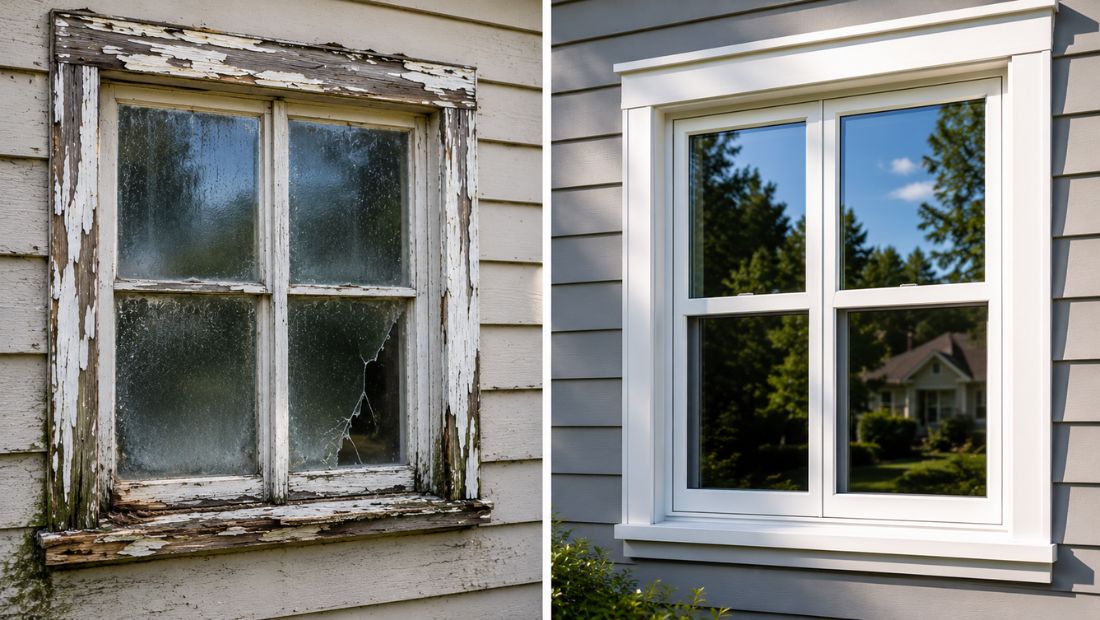 Before and after comparison of a severely damaged wood window with rot, fogged glass, and water damage next to a newly installed modern replacement window on a residential home exterior.