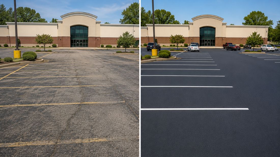 Commercial parking lot showing worn asphalt before resurfacing and smooth pavement with fresh striping after resurfacing.