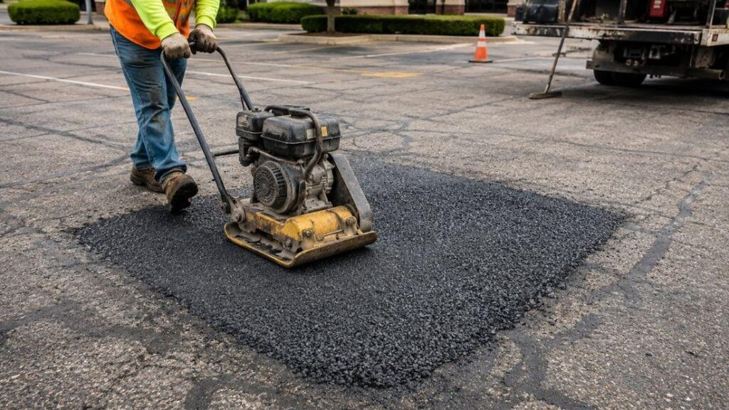 Contractor compacting a fresh asphalt patch during pothole repair in a commercial parking lot.