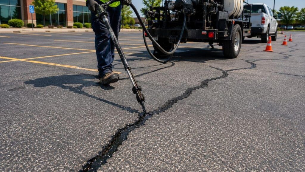 Worker applying hot rubber crack sealant to asphalt pavement cracks in a commercial parking lot.