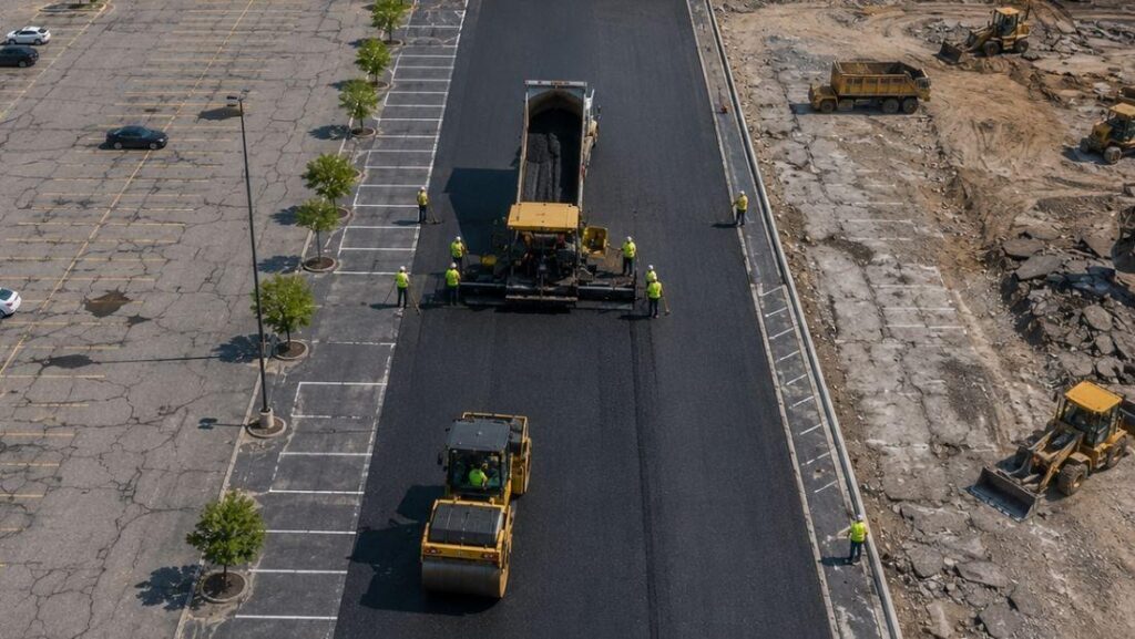 Commercial parking lot asphalt resurfacing crew installing a fresh asphalt overlay on a large parking area.